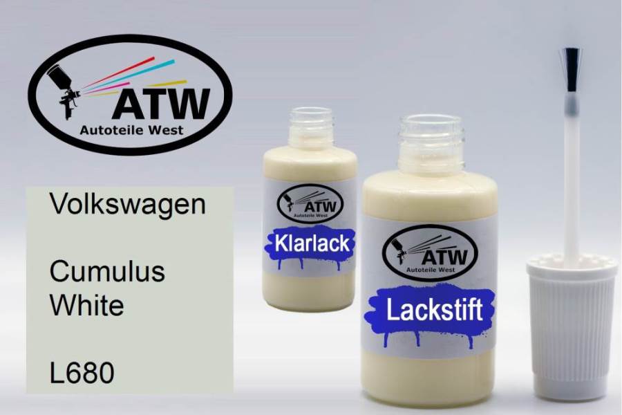 Volkswagen, Cumulus White, L680: 20ml Lackstift + 20ml Klarlack - Set, von ATW Autoteile West.